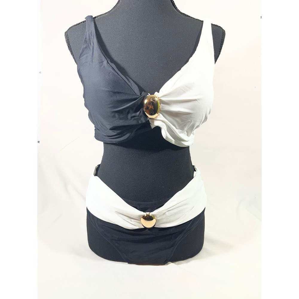 Eomenie Colorblock Bikini Set Women L Black White Gold Hardware High Waist 
Swim